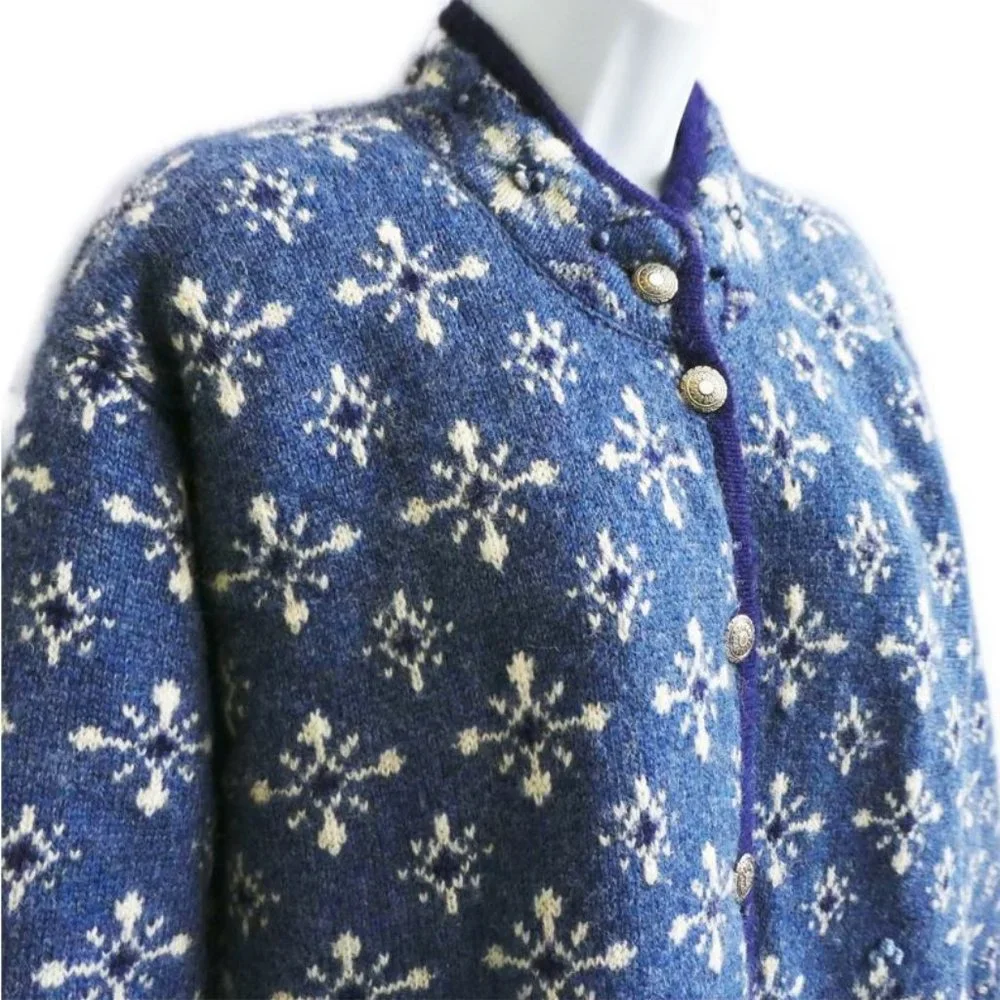 Icelandic Design Blue 100 Wool Cardigan Sweater Atlandia 2000 Y2K Snowflakes L
